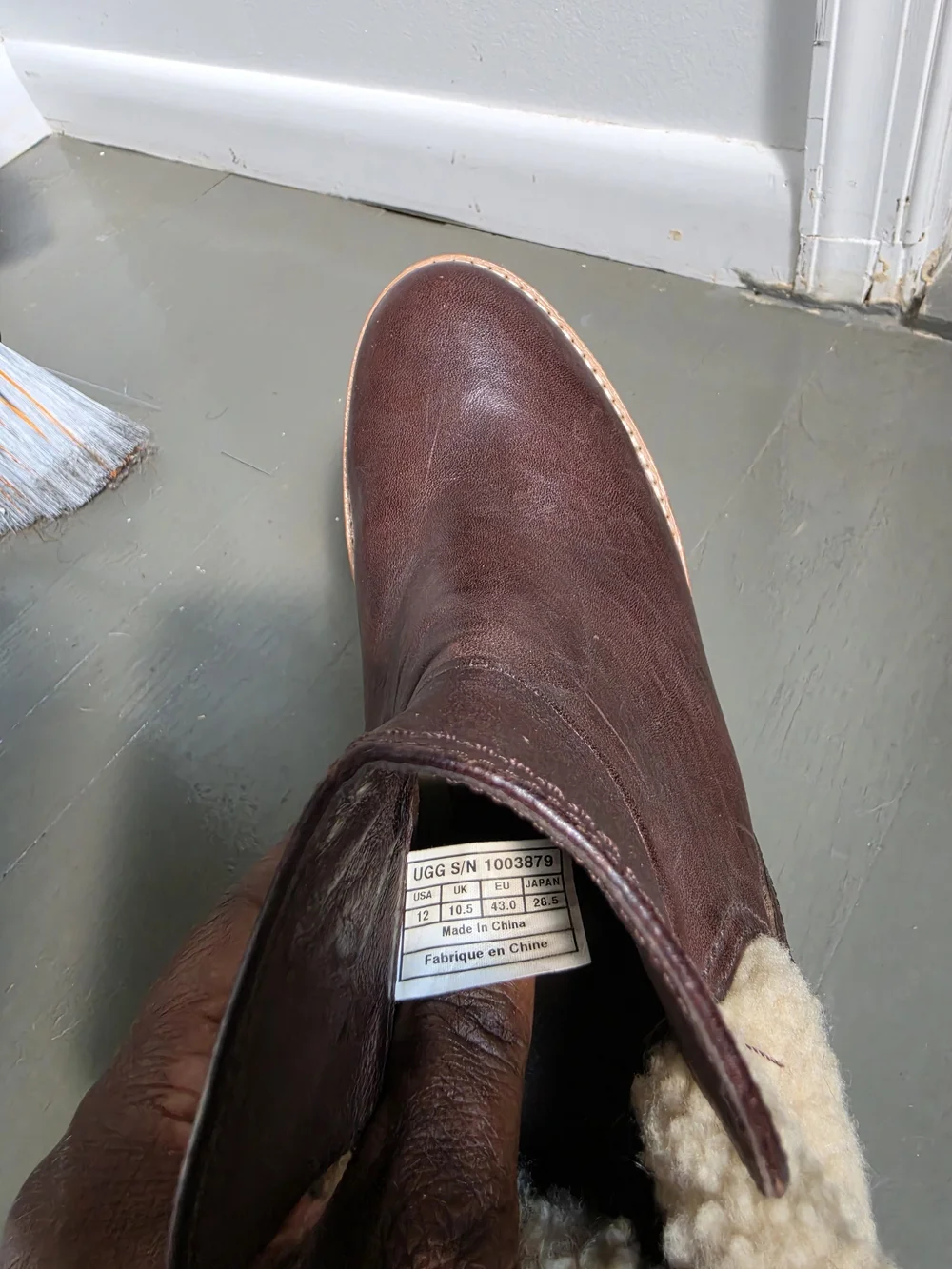 UGG Brown Leather Wedge Booties with Cream Shearling Cuff